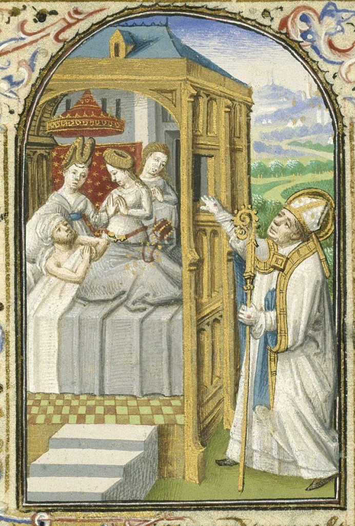 800px St Nicholas Bishop of Myra gives secretly dowries to three poor girls Book of hours Simon de Varie KB 74 G37 084r min 690x1024