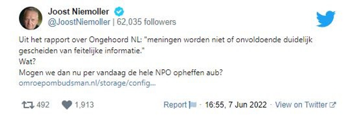 Tweet Joost Niemoller ongehoord nederland