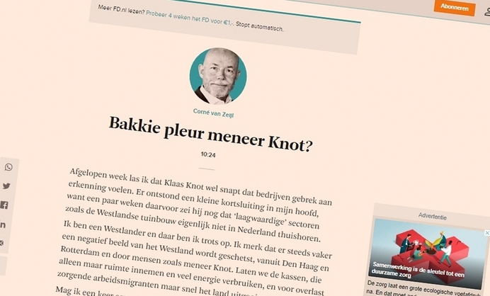 Westlander dient Klaas Knot van repliek. Hoezo glastuinbouw opdoeken?