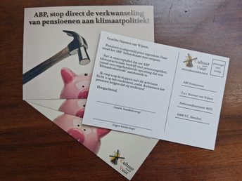 Stuur briefkaarten aan het ABP: géén klimaatactivisme met mijn pensioengeld!