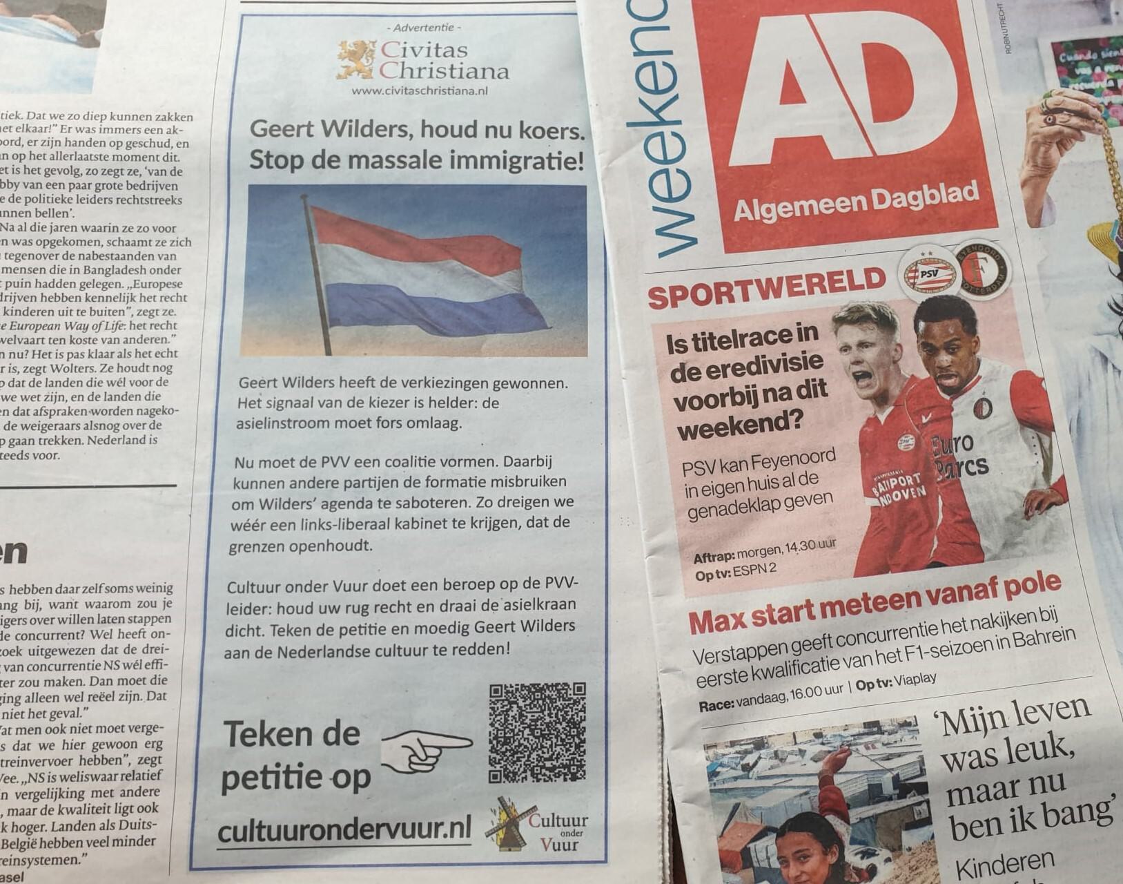 Advertentie in Algemeen Dagblad: Wilders, draai de asielkraan dicht!