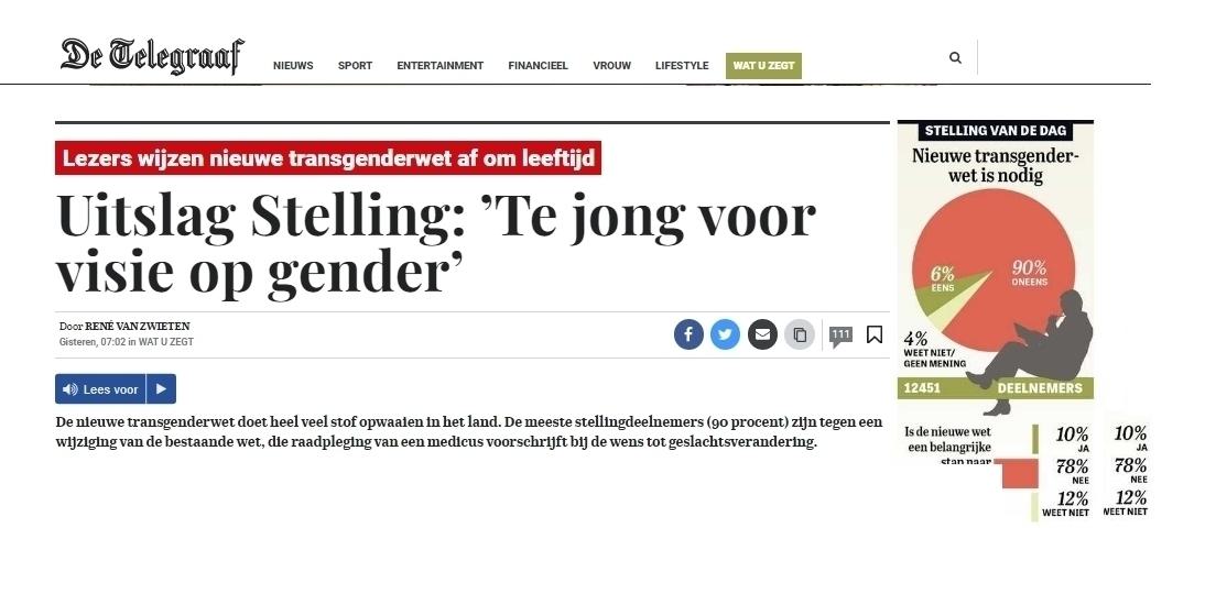 Telegraaf peilt draagvlak voor transgenderwet: bijna nihil